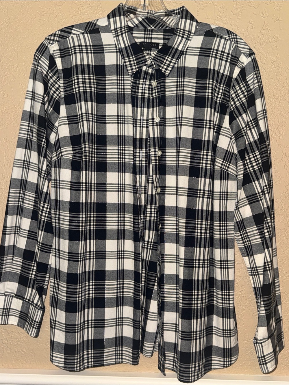 Talbots black and white plaid long sleeve button up